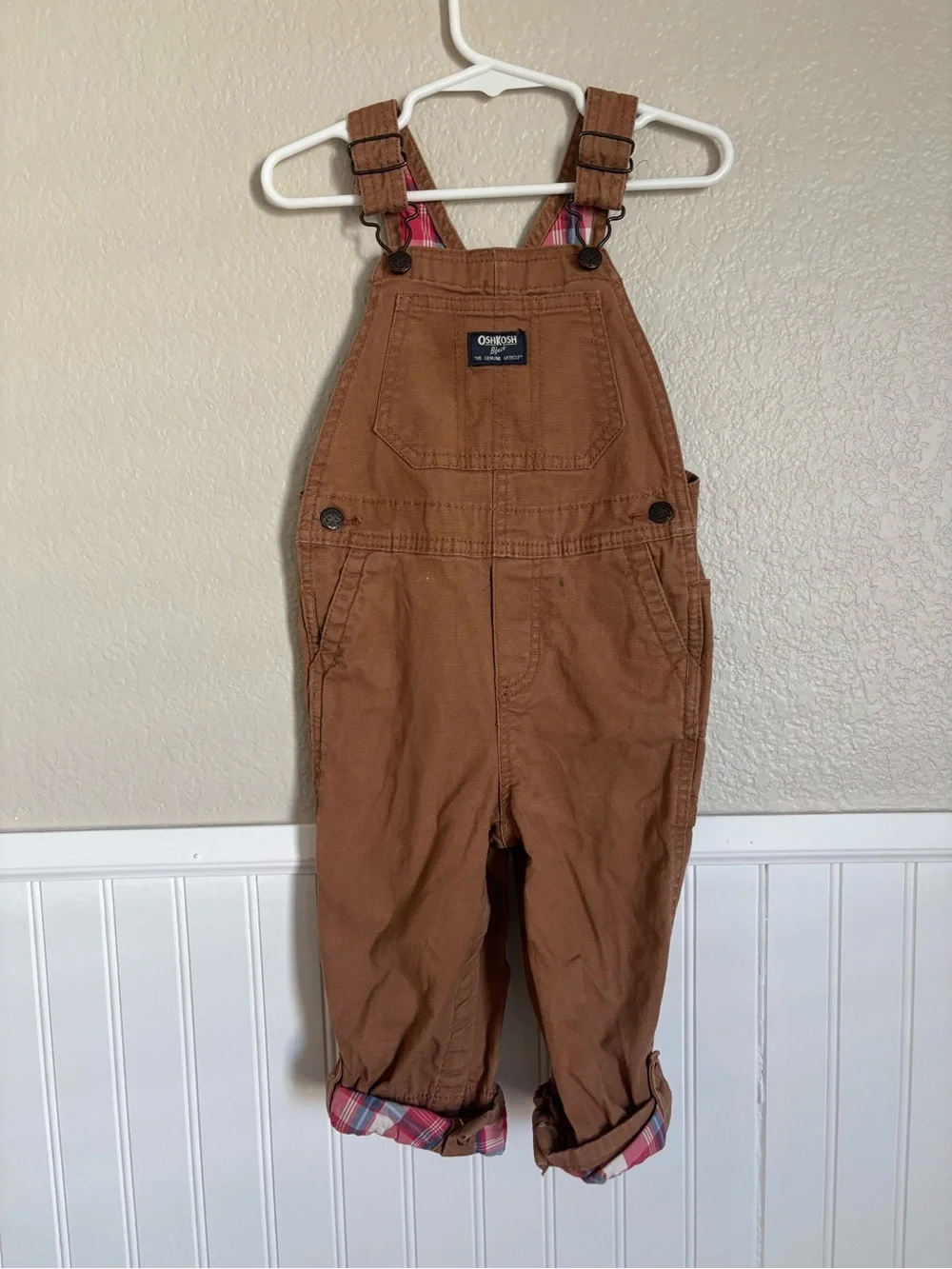 OshKosh B'gosh Brown Kids Overalls with Plaid Cuff